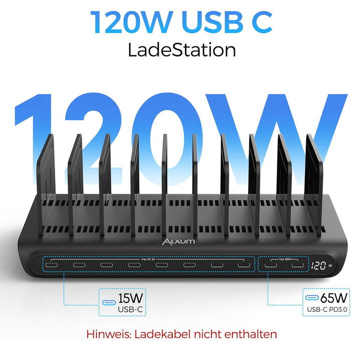 Зарядний пристрій Alxum 60W USB, 10 портів, 5V/2.4A, для телефону, планшета, Kindle - чорний