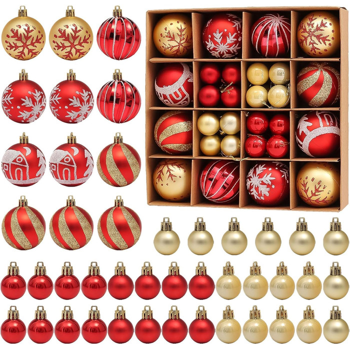 Набір прикрас для ялинки Robofun 44 шт. (червоний, золотий), міцні та безпечні, пластикові кульки для декору ялинки в приміщенні та на вулиці