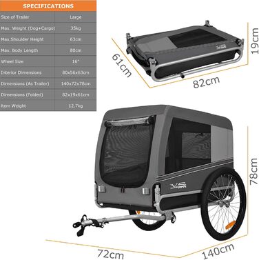 Причіп для собак Tiggo VS Pets L – великий, 270л, для собак до 35 кг, сірий