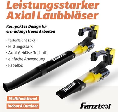 Акумуляторний повітродув FANZTOOL 20V 4.0Ah з регульованою ручкою, 2 швидкості, знімна труба, до 250 км/год, 10 м³/хв, для тераси і догляду за садом