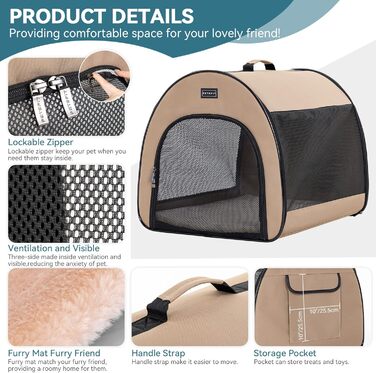 Складана переноска для собак Petfit для маленьких собак і котів, портативна та з гарною вентиляцією, для дому, з вигнутим дахом, переноска-ліжко для собак з анти-відкриваючим блискавкою та подушкою (Хакі, M)