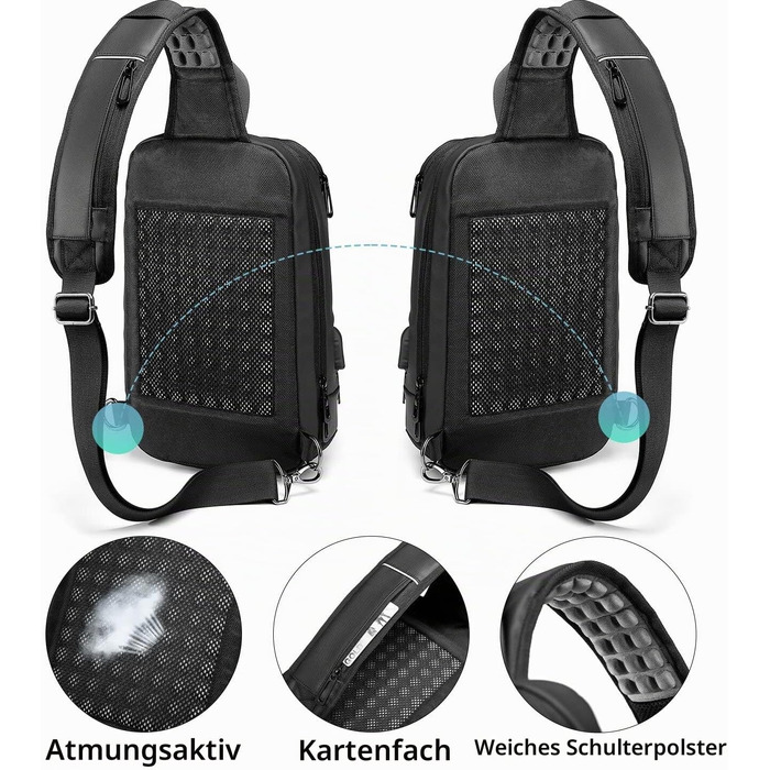 Чоловіча сумка-слінг Crossbody через плече, водонепроникна нагрудна сумка з USB-портом для подорожей, роботи та спорту, чорна