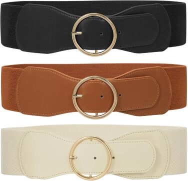 Еластичний пояс для жінок WERFORU 3 шт. Широкий ремінь для сукні, чорний+коричневий+бежевий, розмір M (73-82 см)