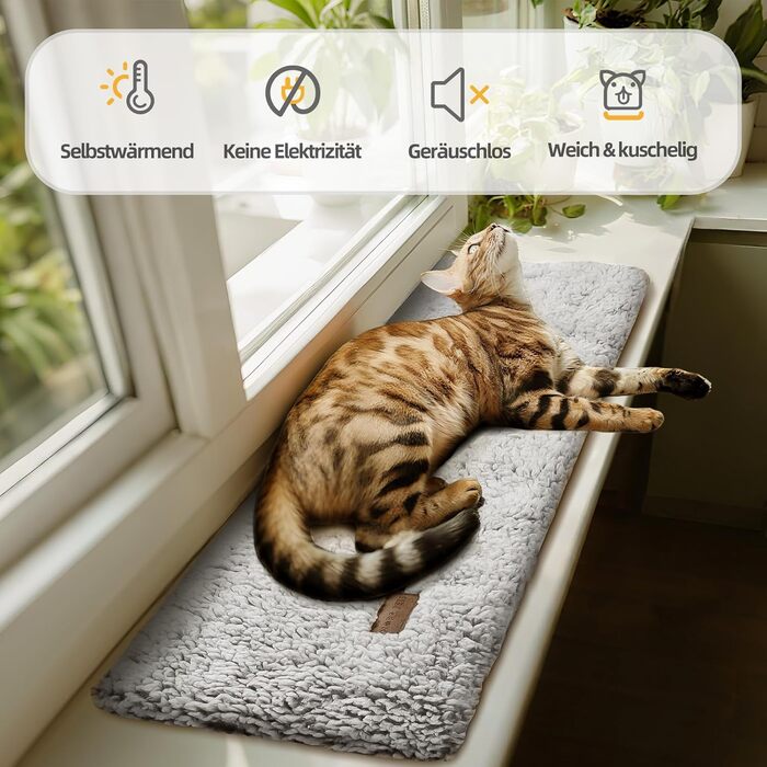 Самогріюча лежанка для котів на підвіконня, 90 x 28 см, сірий (Mora Pets)