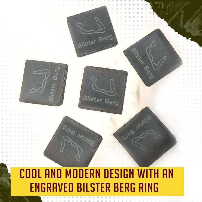 Nürburgring Coasters for Drinks, 6-Piece Set of Slate Coasters, for Home and Dining Room, Decoration, Racing Fans (Bilster Berg)