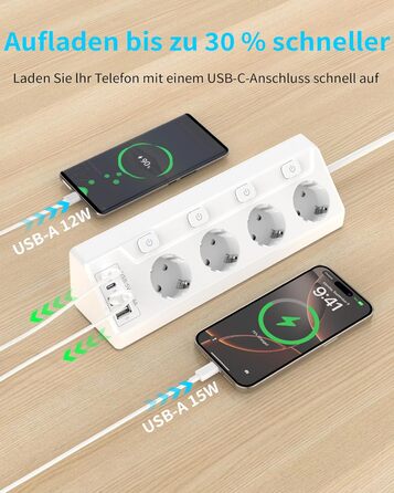 Многофункціональна мережева розетка з USB-C та захистом від перенапруги, 6 розеток, 2м кабель, 4000W, 16A, для кухні, дому, офісу (білий)