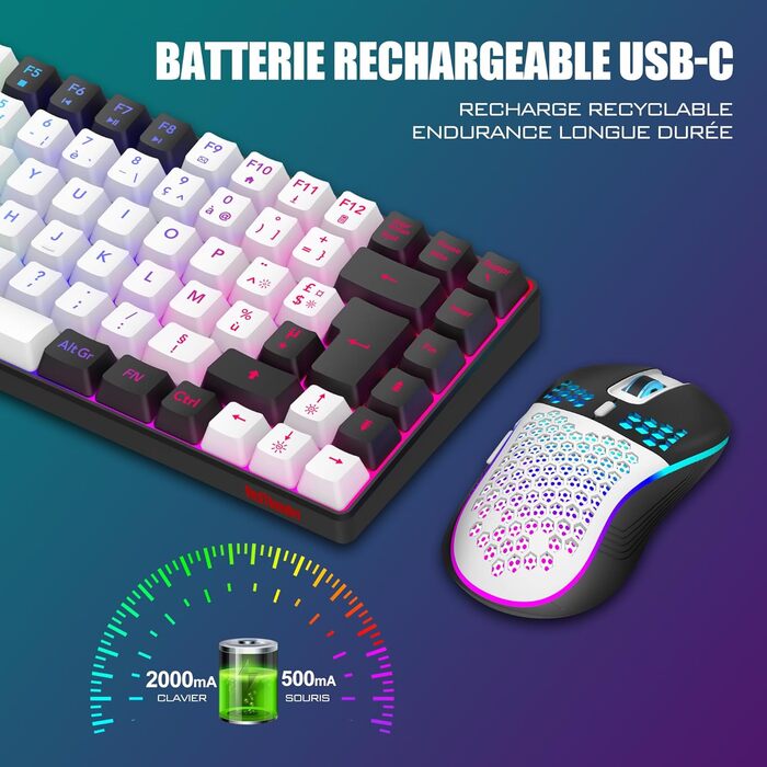 RedThunder K84 Combo: Бездротова клавіатура та миша USB, AZERTY (французька), 75% TKL, 3200 DPI (білий/чорний)
