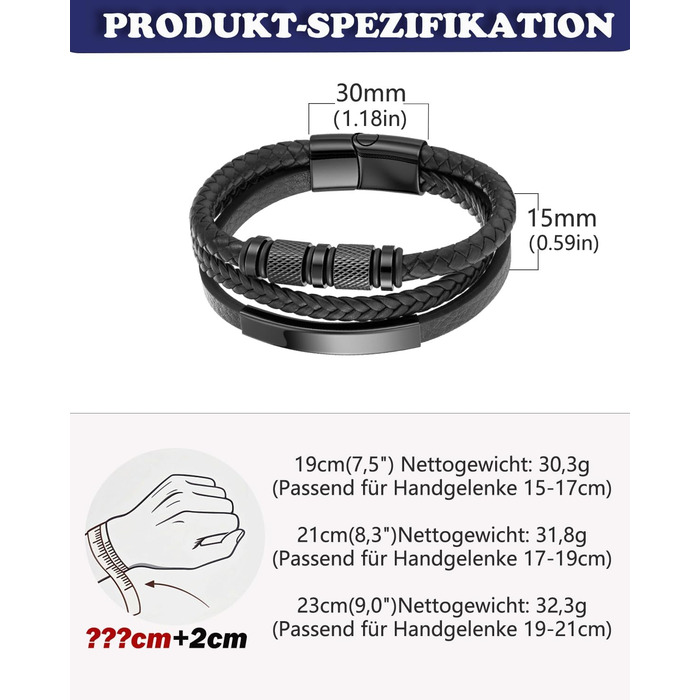 Чоловічий браслет на руці - шкіряний браслет з нержавіючою сталевою магнітною застібкою - плетений шкіряний браслет - браслети для чоловіків як подарунок на день народження, День святого Валентина, Різдво або День батька Чорний 21см
