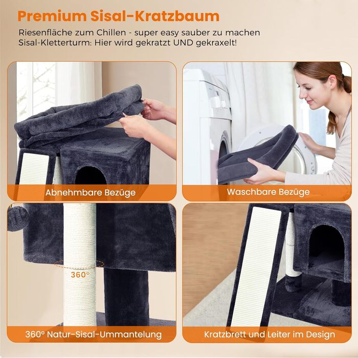 Дряпальня для котів великих порід, кімнатна, 60 см, сіра, з платформою, сизаль, пандус, будиночок, м'ячі, щітка