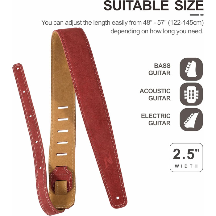 Гітарний ремінь Nefelibata з повного нубуку, 2,5 см шириною, з м'якою підкладкою та петлею для кабелю, для акустичної, бас та електрогітари (Jujube Red)
