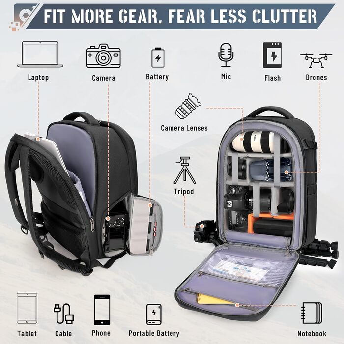 Рюкзак для фотокамери RAINSMORE: водонепроникний, з захистом від дощу, для DSLR/SLR, з відділенням для ноутбука, чорний