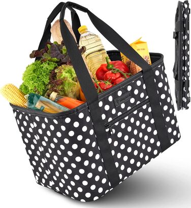 Foldable Shopping Basket in Premium Quality | Shopping Bag with Soft PU Leather Handle | Ideal Shopping Basket with 30 Liter Capacity | Sturdy & Secure Shopping Bag (Black/White Dotted)