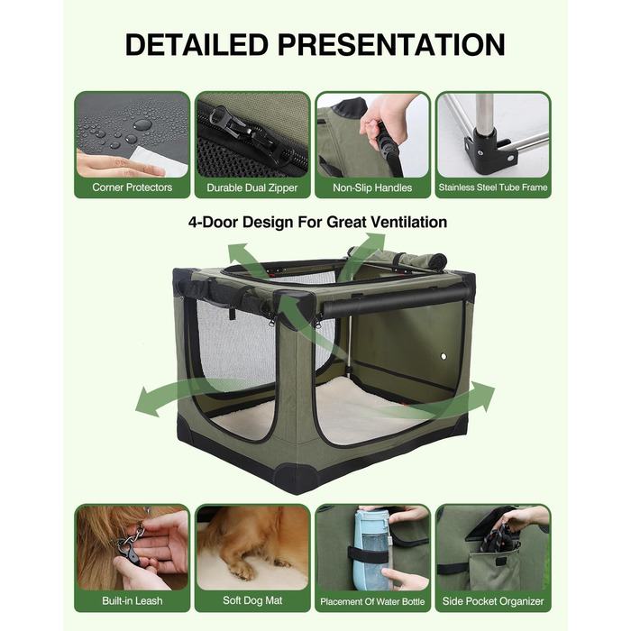 Складана переносна собача будка для середніх та великих собак, 106.7 см, з 4 дверцятами, зелена, з сумкою для зберігання (106*78*78 см)