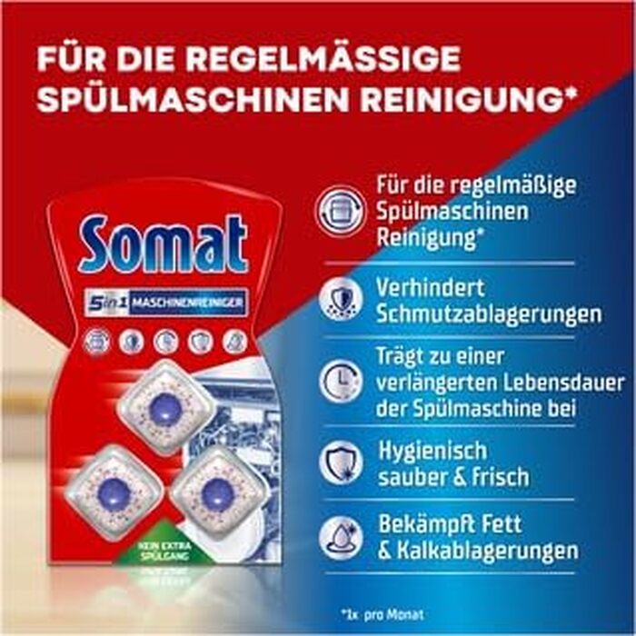 Очищувач для посудомийних машин SOMAT 5in1 Anti-Kalk, засоби для щомісячного чищення та догляду за технікою, 6 упаковок по 3 таблетки (всього 18 шт)