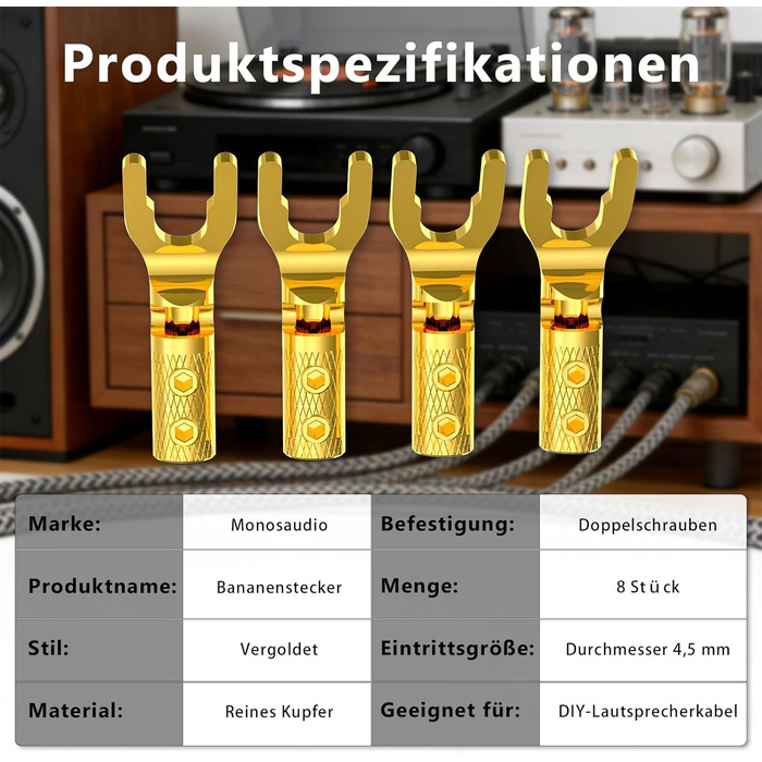 Комплект позолочених роз'ємів-вилок для акустичних кабелів Monosaudio SY1508G, чиста мідь, для кабелів 8-20AWG (до 4мм), 8 шт.