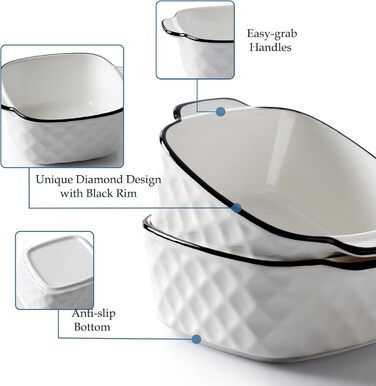 Набір форм для запікання NUTRIUPS 400 мл (4 шт.) з кераміки, 14.5 x 11.5 x 5.5 см, квадратні, з ручками, для духовки та мікрохвильової печі (з візерунком ромбіків)