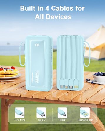 Power Bank 20000mAh, 22.5W, 6 виходів, 2 входи, LED дисплей, сумісний з iPhone, Samsung, Pixel, блакитний