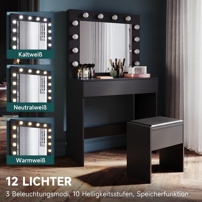 Туалетний столик SONNI з LED-підсвіткою, дзеркалом HD, 3 кольори, 10 рівнів яскравості, з шухлядами, чорний, 80x40x140 см – косметичний стіл для спальні