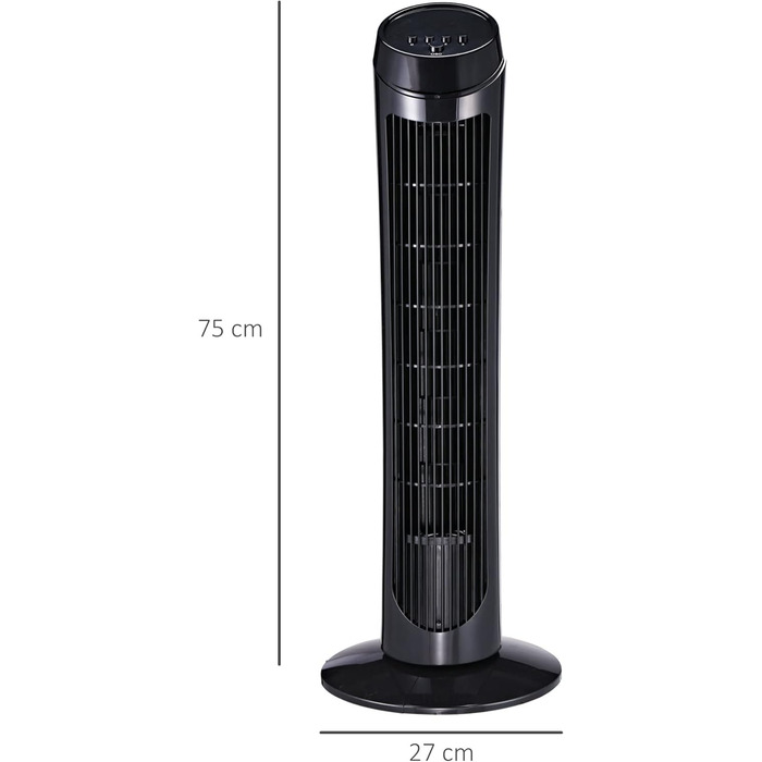 Турбовентилятор HOMCOM 45W з осциляцією, 3 швидкості, ABS, чорний, Ø27 x 75 см