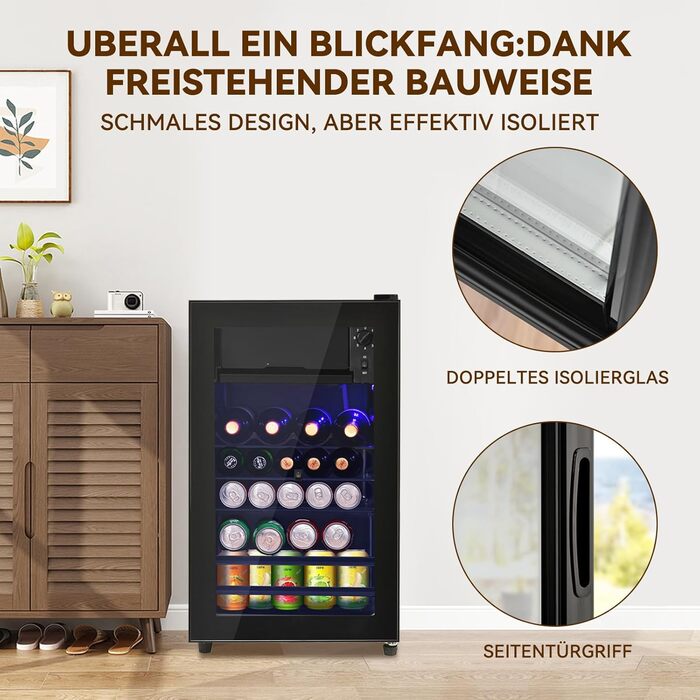 Холодильник для напоїв DRIXNO 76L з морозильною камерою, для льоду, вміщує 51 банку лімонаду, води, пива або вина. Компактний холодильник з скляними дверцятами, тиха робота, енергоефективний, чорний
