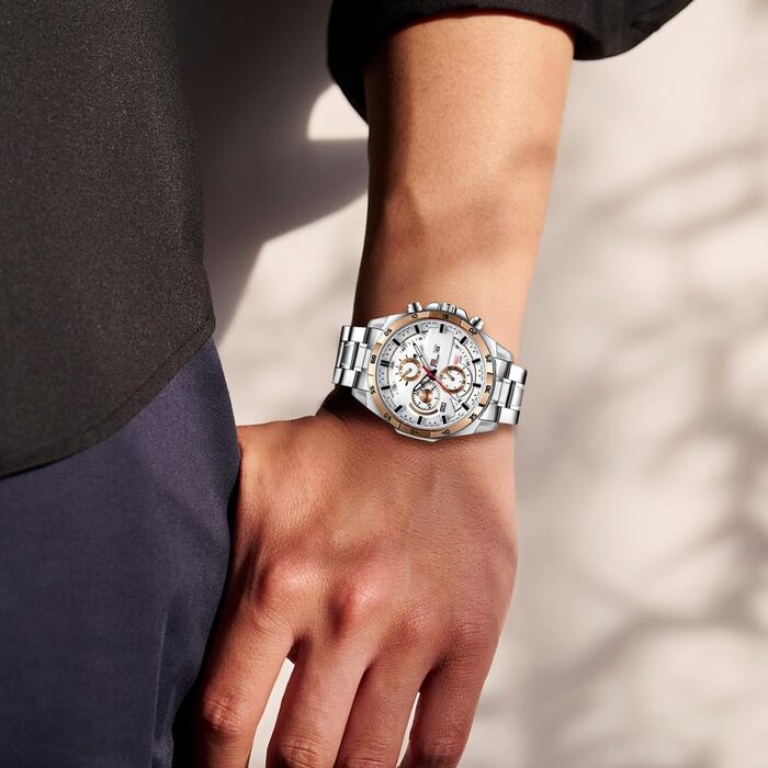 Годинник чоловічий OFF-CUP: аналоговий кварцовий хронограф з водонепроникним браслетом з нержавіючої сталі, з датою. Модний годинник для повсякденного та ділового стилю, класичний елегантний подарунок (рожево-золотий/білий)