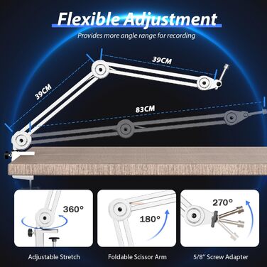 Кріплення для мікрофону FIFINE, регульоване, з адаптером 3/8' - 5/8', кліпса, 3 кабельних стяжки, білий