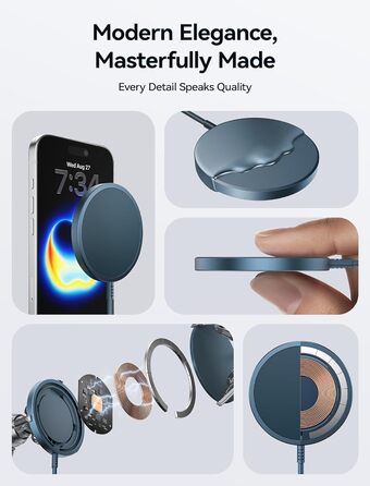 Бездротовий зарядний пристрій JSAUX MagSafe 15W, сумісний з iPhone 17 Air Pro Max, iPhone 16/15/14/13/12, AirPods 3/2, блакитний