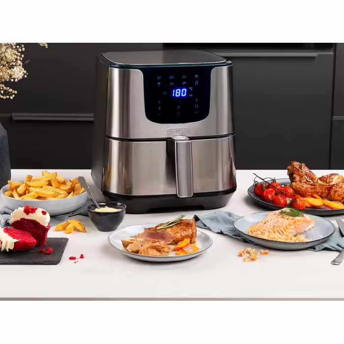Princess Hot Air Fryer XXL with 5.5 Liter – 62.2% less energy consumption – Digital Airfryer Deluxe – 8 programs – Stainless steel – Oil-free – Aerofryer 182060, Silver STANDARD DESIGN 5.5L