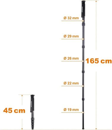 Штатив Mantona Pro One одноногий, карбоновий, чорний - регулювання висоти 39-144 см, з аксесуарами