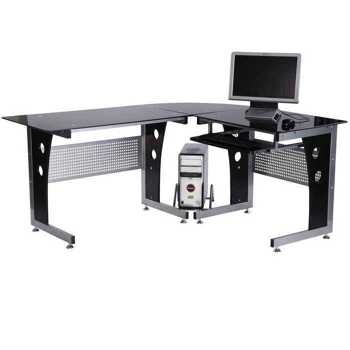 HOMCOM L-Shaped Corner Desk with Black Safety Glass 164x139x75 cm, stylish workspace for home office