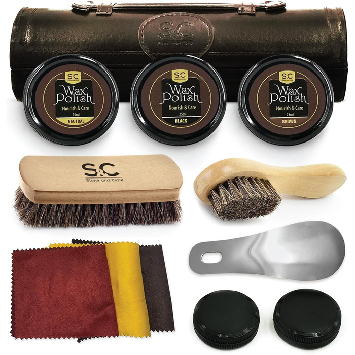 Stone & Clark 12-Piece Leather Shoe Cream & Care Set with Brown Wax, Shoe Brushes for Polishing, Compact Shoe Shine Kit with Horsehair Brushes & PU