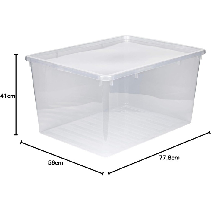 Kreher XXL Storage Box with Lid made of Plastic in Transparent. Holds approximately 135 liters. Dimensions approximately 78 x 56 x 41 H cm.