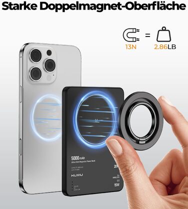 Power Bank KU XIU Magsafe 5000mAh: Тонкий, з підтримкою MagSafe, PD 20W, з кільцем-тримачем, чорний