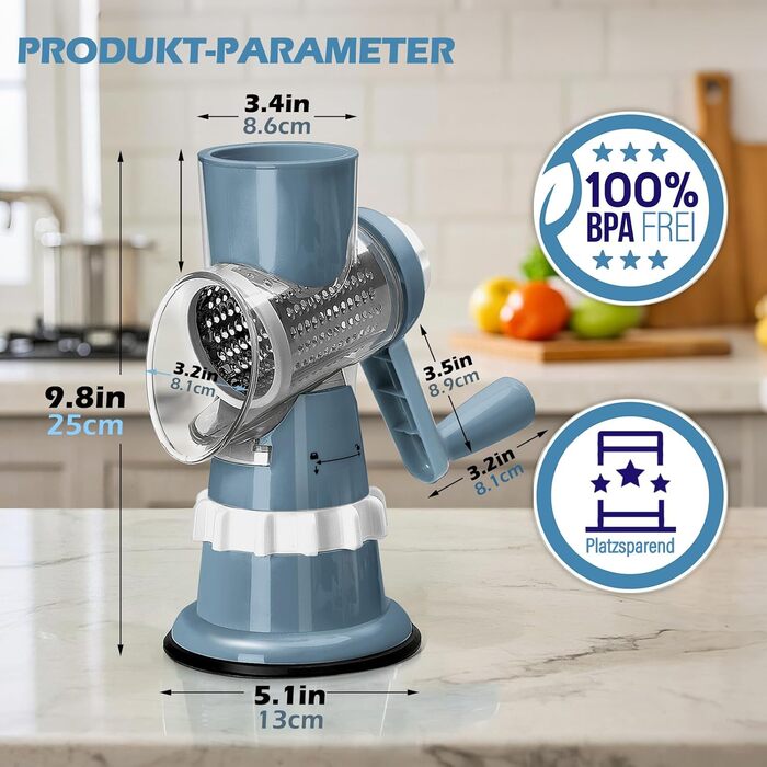 Ручна тертка для овочів 3-в-1 з нержавіючої сталі, терка для сиру з ручкою та 3 змінні леза, терка для салатів, горіхів, фруктів, піци. Колір: зелений