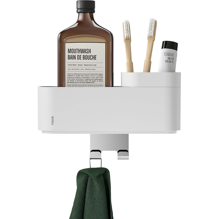 Tiger 2-Tier Bathroom Shelf with Integrated Toothbrush Holder and Hooks, Bathroom Shelf for Shower and Vanity to Store Bathroom Accessories, Color: White