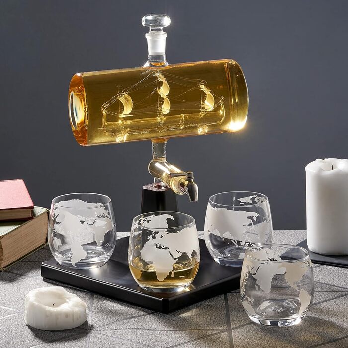 Oak & Steel - Whisky Decanter, Ship Carafe (1000ml) with Stainless Steel Spout & 4 Whisky Glasses - Valentine's Day, Birthday & Father's Day Gift Set for Men
