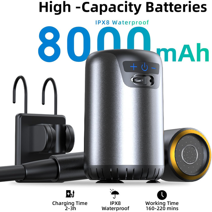 Портативний душ для кемпінгу з акумулятором 6000 mAh, водонепроникний IPX7, з дисплеєм температури - для подорожей, автомийки