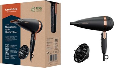 Фен GRUNDIG Naturashine HD 8080 з іонізацією, 2 насадки, 2300 Вт, 3 температурні та 2 режими повітряного потоку, холодна функція, датчик Smart On/Off, 3 м кабель, чорний / рожеве золото