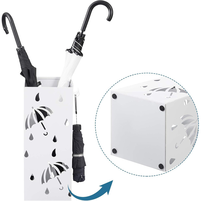 Lestarain Metal Umbrella Stand with Water Tray and Hooks - White Cube Design, 20x20x49cm
