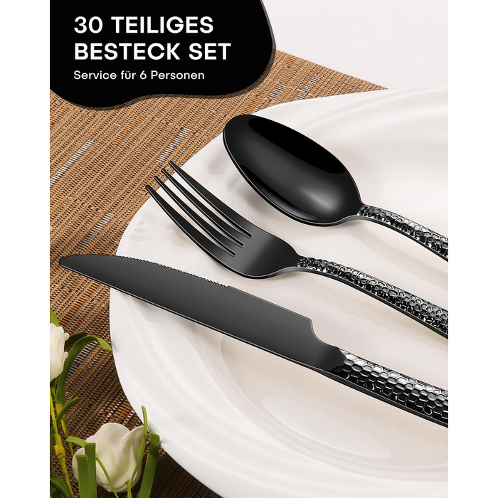 Набір столових приборів Honkku 30 предметів (6 осіб), чорний, з нержавіючої сталі, з об'ємними ручками, набір ножів, виделок та ложок, полірований, придатний для миття в посудомийній машині