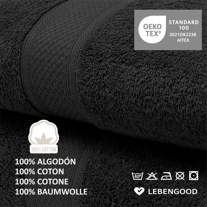 Набір рушників LEBENGOOD 10 предметів, 100% бавовна, Oeko-TEX, м'які та гігроскопічні, чорні (2 банні, 2 для рук, 4 рукавички)