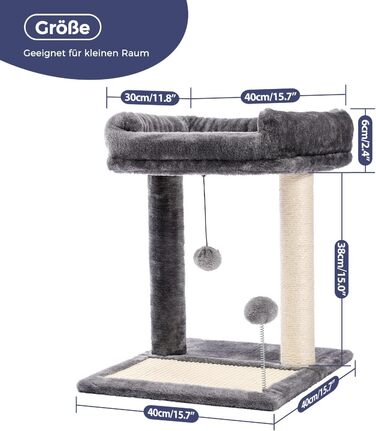 PETEPELA Small Scratching Post 51cm with Sisal Scratching Post, Scratching Board, Scratching Pad, Play Ball, Plush Cave for Kittens, Grey (with Scratching Board)