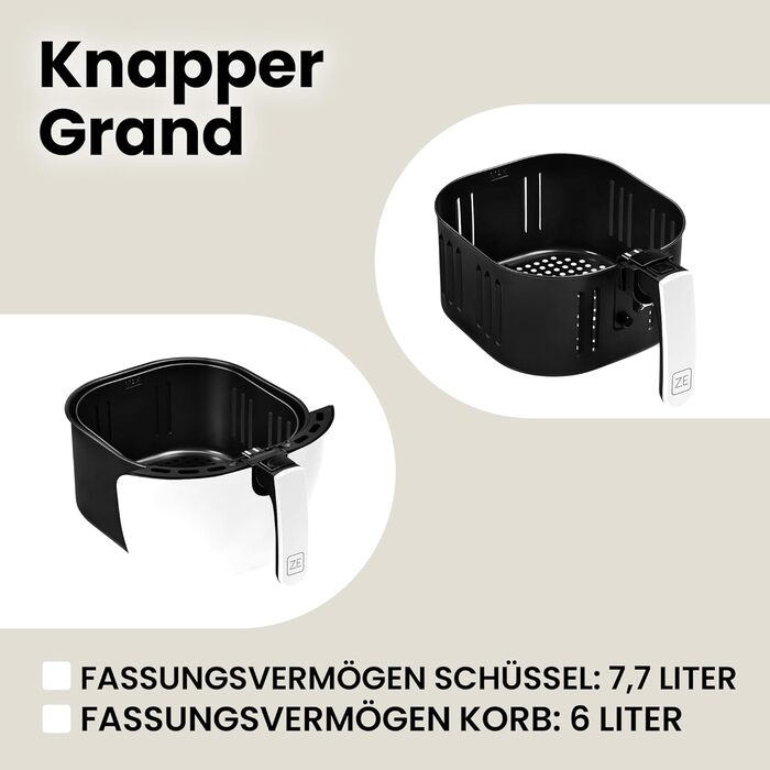Фритюрниця без олії ZEEGMA KNAPPER GRAND 1700 Вт, 2 відсіки, 9 л, таймер 60 хв, 11 програм, 60-200°C, швидкий нагрів, сенсорне керування, білий колір