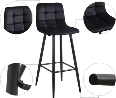 Velvet Bar Stools Set of 2 with Backrest - 66cm Seat Height - Black Kitchen Bar Stools for Countertops