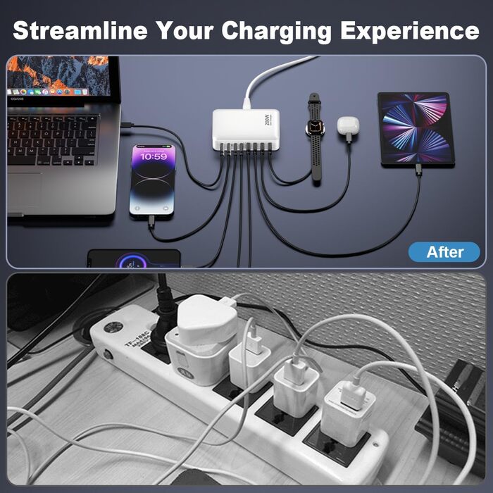 Зарядний пристрій USB-C 200W, 8 портів GaN, швидка зарядка, адаптер PD 65W для ноутбука MacBook/Dell/Steam Deck, iPhone 17/16/15/14, Galaxy S24/S23 (Білий)