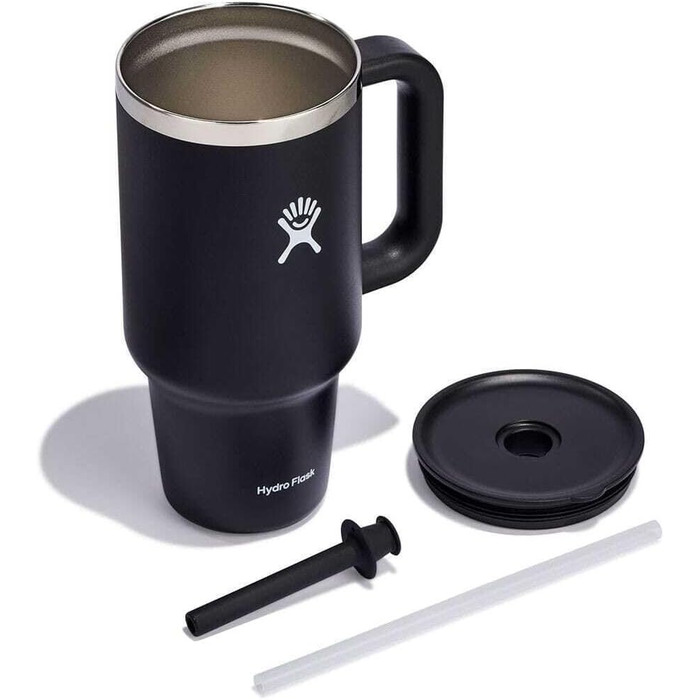HYDRO FLASK - Travel Tumbler - Thermobecher 946 ml (32 Oz) with Press-In Straw Lid - Stainless Steel - Double-Wall Vacuum Insulation - Splash-Proof Lid - Black