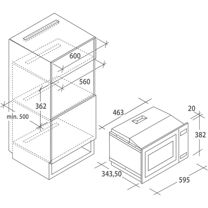 Вбудована мікрохвильова піч Candy MIC 20 EX з грилем, 20 л, 800 Вт, металевий корпус з нержавіючої сталі