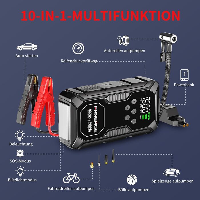 Пусковий пристрій FNNEMGE Powerbank 26800mAh 9000A з компресором 160PSI для авто 12В (бензин та дизель до 12.0л), бустер з USB-портом, LED-ліхтарем та LCD-дисплеєм