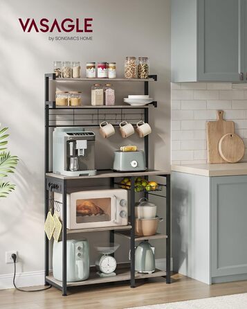 Полиця кухонна VASAGLE з розетками, стелаж для мікрохвильової печі, 8 гачків S-подібної форми, кухонний шафчик, органайзер для спецій, 40 x 90 x 165,5 см, коричневий вінтаж та чорний, KKS031K11