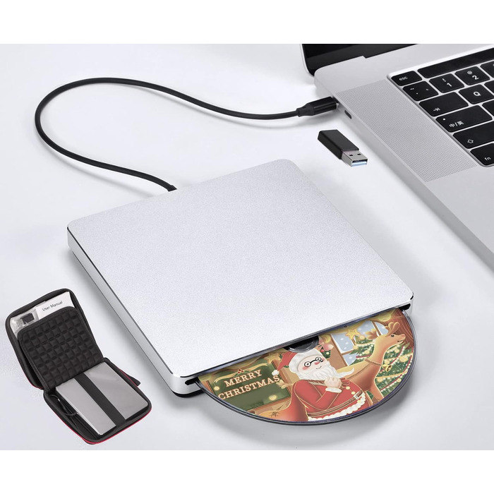 Зовнішній DVD-накопичувач для ноутбука: Портативний USB CD/DVD привід та записувач для Mac, MacBook, PC, Windows (Сріблястий)